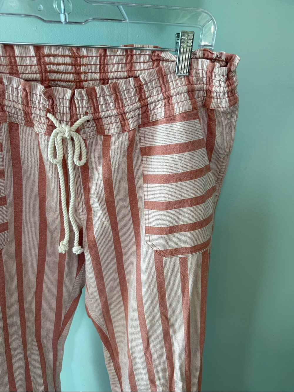Roxy Striped Drawstring Linen Pants — Coral & White - Picture 3 of 12